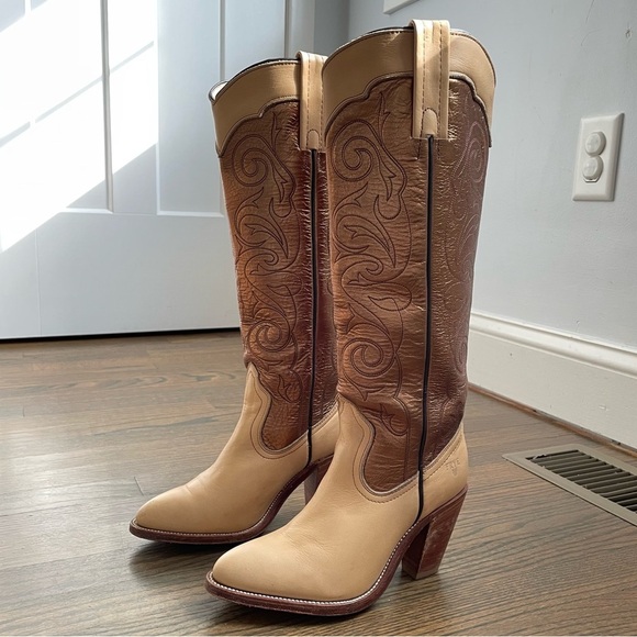 FRYE Metallic Gold Stitched Knee High Western Festival Cowboy Boots - Picture 5 of 15